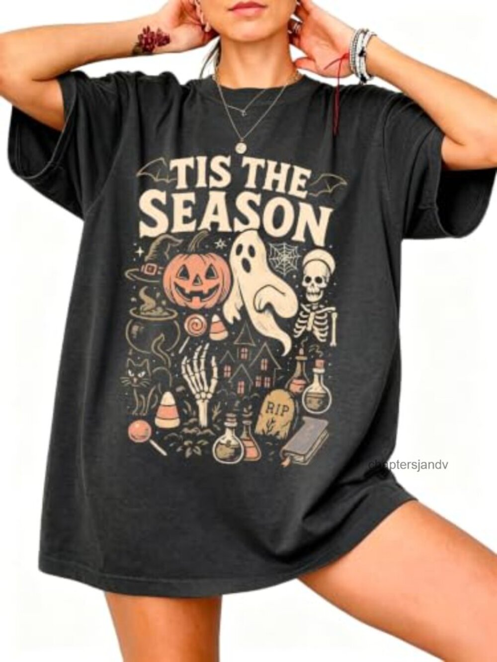 Oversized Halloween Graphic Tee for Women Spooky Season Pumpkin Ghost Fall